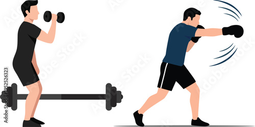 Fitness gym workout character set man lifting dumbbells and boxing flat vector illustration.