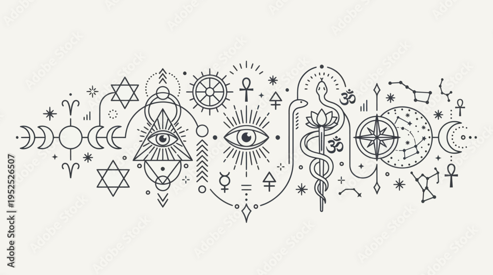 Slika na platnu Esoteric Symbols and Mystical Elements in a Linear Design.