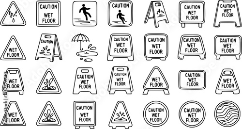 Workplace Safety Wet Floor Caution Signs, Slipping Hazard Warning Icons  Symbols - Black and White Hand Drawn Line Art Doodle Vector Set