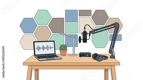 Vibrant illustration of a compact home podcast studio setup featuring essential recording equipment on a wooden desk, ideal for content creation.
