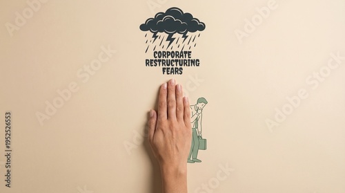 corporate restructuring, job security, protection, business anxiety, employee support, corporate downsizing, workforce fear concept showing a hand shielding a stressed businessman from storm.
