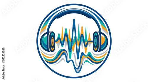 Vibrant abstract sound waves and modern headphones within a circular graphic, ideal for music, audio, and podcast branding.
