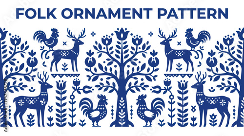 Folk Ornament Pattern with Deer and Roosters.