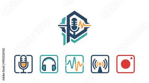 Modern Vector Icons for Digital Audio Content Creation and Broadcast: Podcast, Sound, Recording, Communication Symbols