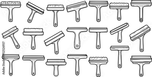 Black and White Line Art Set of Household Cleaning Tools. Includes various squeegees, brushes, and applicators for window washing and surface maintenance.