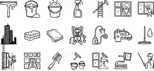 Window Cleaning Service Black and White Line Art Doodle Icons Set: Professional Tools, Equipment, Buildings, and Workers for High-Rise Cleaning