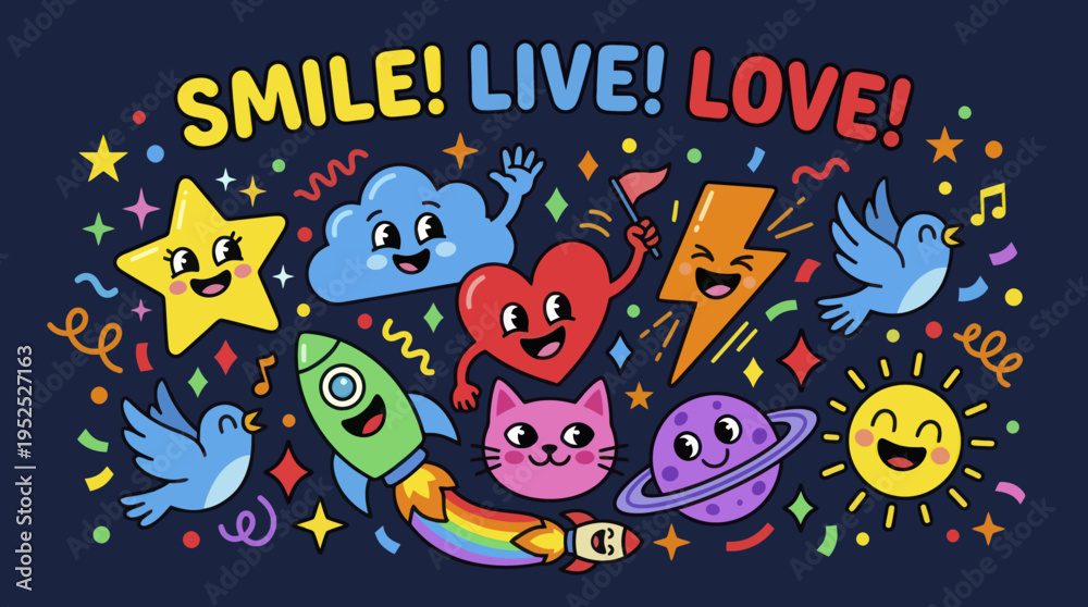 Fototapeta premium Happy cartoon characters with positive messages and symbols.