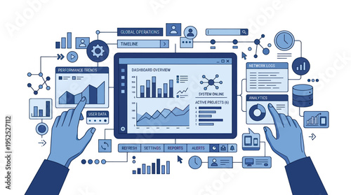 Hands interacting with a digital dashboard displaying financial data and analytics.