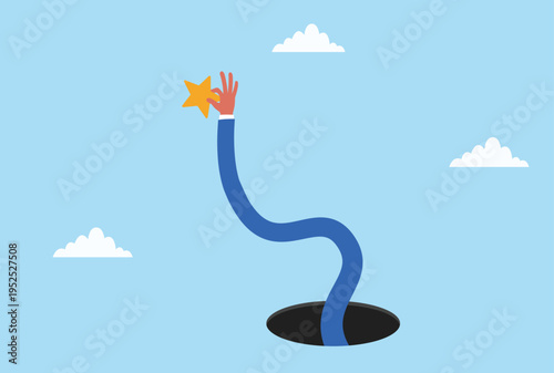 Vector illustration of a hand emerging from a hole holding a star, symbolizing positive reviews, ratings, feedback, recognition, and achievement
