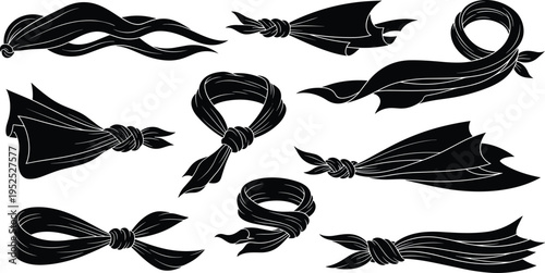 Black vector silhouette collection of scout neckerchiefs and bandanas with various knots isolated on white background for uniform design.
