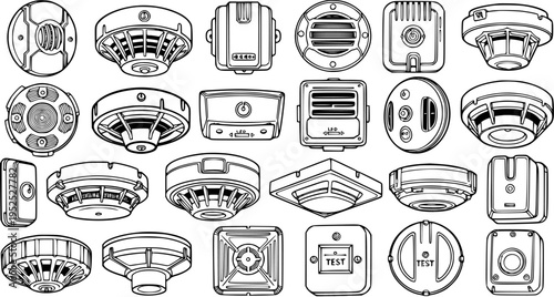 Fire Safety and Building Security Devices Line Art Icon Set. Outline Smoke Detectors, Fire Alarms, Heat Sensors, and Emergency Call Points Collection.