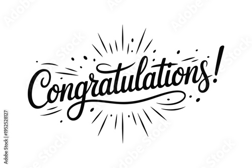 Elegant black calligraphy reads congratulations with radiating spark like accents