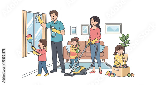 Family Cleaning House Together: Parents and Kids Tidying Up Living Room