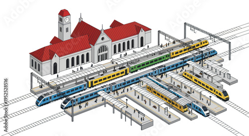 Isometric illustration of a busy train station with multiple platforms and arriving/departing trains.