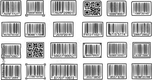 Technology and Business Black  White Line Art Hand-drawn Barcodes and QR Codes Collection for Product Identification, Retail, and Digital Scanning.