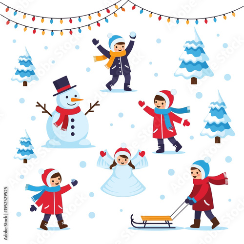 Happy children playing in snow, building snowman, sledding, and having snowball fight, winter fun.