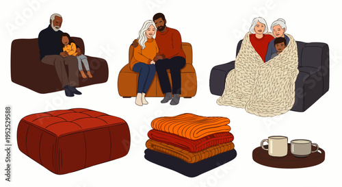 Cozy home scenes with diverse families and couples, including multi-generational groups, warm sweaters, and mugs, illustrating comfort and togetherness.