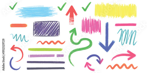 Colorful hand drawn felt tip marker strokes with arrows check marks and highlights for creative office stationery presentation vector illustration
