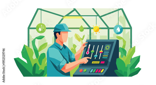 A man in a blue cap operates a control panel inside a greenhouse, adjusting environmental settings amidst green plants.