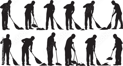 Silhouette of man cleaning with broom in various poses