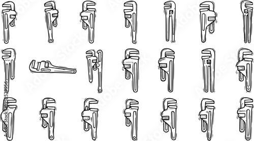 Hand-Drawn Black and White Line Art Collection of Plumbing Pipe Wrenches for Construction and Repair Industry Tools Design
