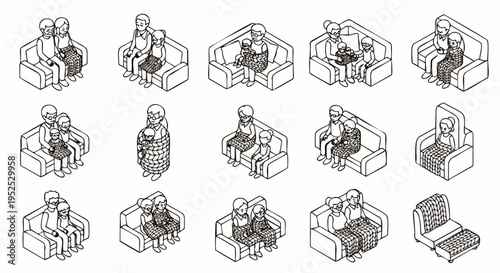 Isometric line art illustrations of various family units and couples sitting on sofas, depicting domestic life and relationships in a minimalist style.