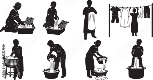 Woman doing laundry in various poses and settings daily