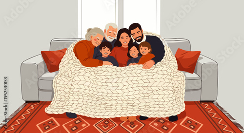 Warm and cozy multi-generational family, including grandparents, parents, and children, snuggled together under a knitted blanket on a sofa, showing love and unity.