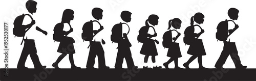 Silhouette of children walking to school in a line