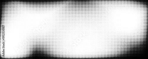 Black grunge halftone gradient background with faded film texture. Realistic transparent overlay with gritty and noise. Grainy pixelated backdrop. Vector distressed anime or manga style comic frame