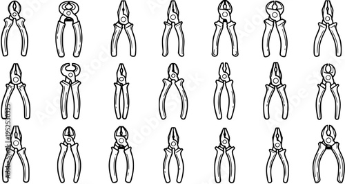 Diverse Pliers Hand Tools Black and White Line Art Vector Icon Set. Construction, DIY, Repair, and Workshop Equipment Collection.
