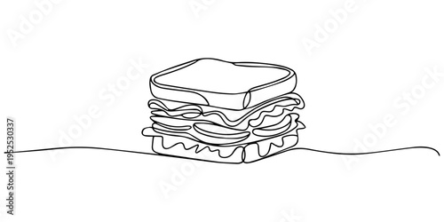 Continuous one line drawing of a grilled cheese sandwich on a plate, One continuous line drawing of a bread slice. Simplified design for breakfast and bakery concepts, Continuous line art Sandwich