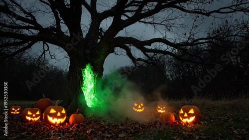 Spooky Halloween illustration of an orange pumpkin lantern in a dark autumn forest and garden with scary bats, a moon silhouette, and a grave under a black tree for a horror night celebration