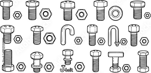 Black and White Line Art of Assorted Bolts, Nuts, Washers, and U-Bolts, Industry Hardware Collection