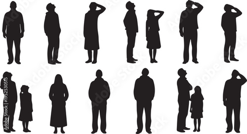 Silhouettes of people in various poses and outfits standing