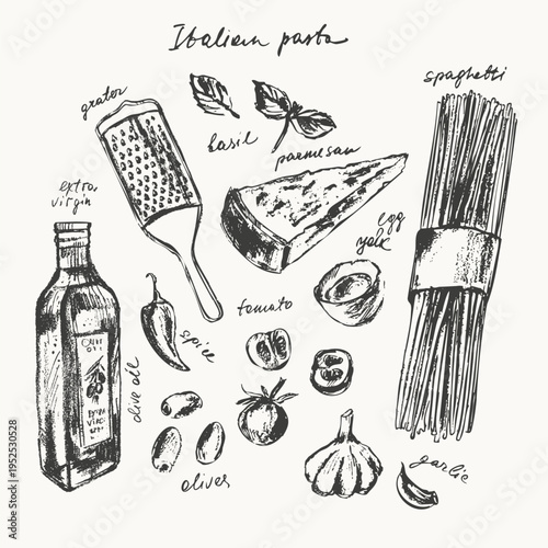 Hand drawn ink Italian pasta sketches set. Spaghetti recipe ingredients. Cheese olives tomato olive oil. For food background. Mediterranean menu.