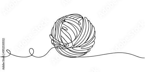 continuous one line drawing of knitting yarn ball with crochet hook.one line Art icon drawing vector, yarn ball with wooden continuous one line drawing, yarn ball with wooden knitting needles