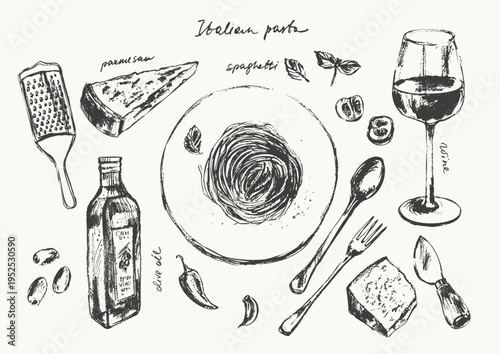 Hand drawn ink Italian pasta sketches set. Spaghetti recipe ingredients. Cheese olives tomato olive oil. For food background. Mediterranean menu.