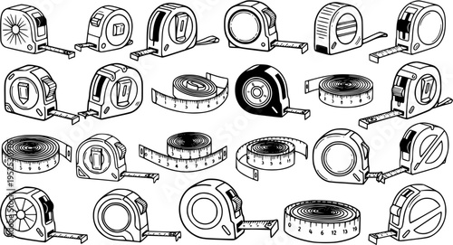 Black and White Line Art of Various Tape Measures for Construction and DIY Projects