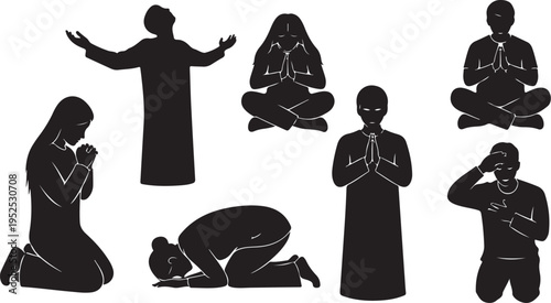 Silhouettes of people in various prayer and meditation poses