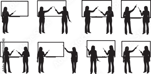 Silhouettes of people presenting on whiteboard in business setting