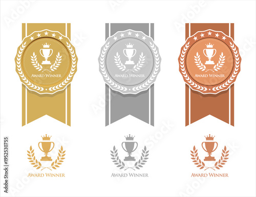 Golden award winner emblems flat design, Gold silver and bronze award badges and emblem with laurel wreath, crowns and trophies symbols