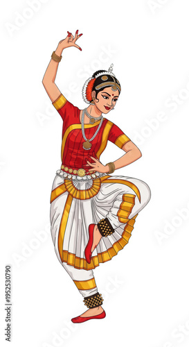 Traditional indian dancer in red and white costume isolated on transparent background