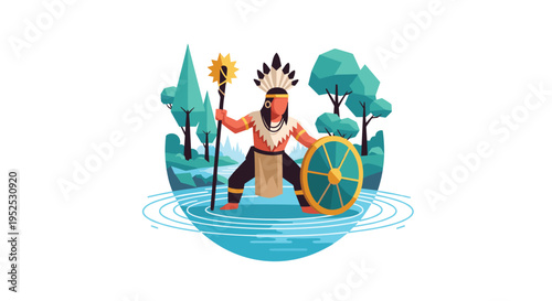 An Indigenous warrior stands in shallow water, holding a feathered staff and a round shield, surrounded by stylized trees and mountains.