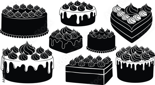 Chocolate Cake and Dessert Silhouette Set with Frosted Layers, Toppings and Bakery Sweets Collection for Celebration and Pastry Design