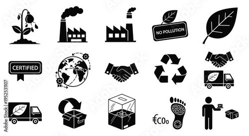Fifteen black silhouette icons depict environmental protection, sustainability, and ethical business practices on a clean white background.