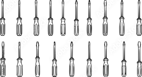 Black and White Line Art of Assorted Screwdrivers, Tool Industry Vector