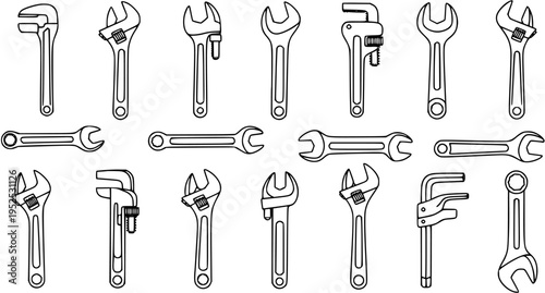 Black and White Line Art Illustration of Various Wrenches and Adjustable Wrenches, Construction Tools