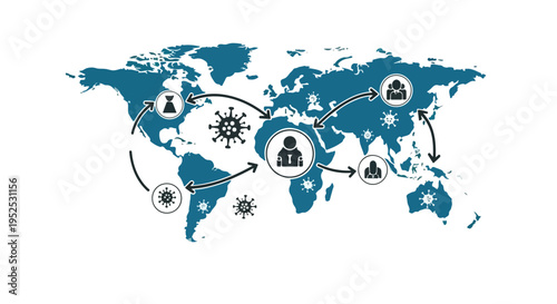 Global World Map with Virus and People Spread Icons. Isolated Vector Illustration. isolated PNG with Transparent Background