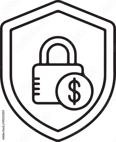 Thin line icon of secure payment shield featuring lock and dollar sign. Ideal for cybersecurity,